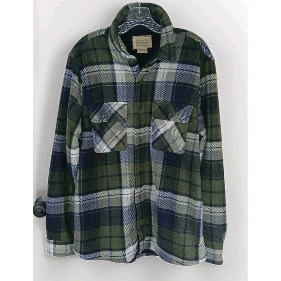 Boston traders MensThick flannel jacket Sherpa Butto Plaid L GreenBlue Lagenlook - Picture 2 of 15